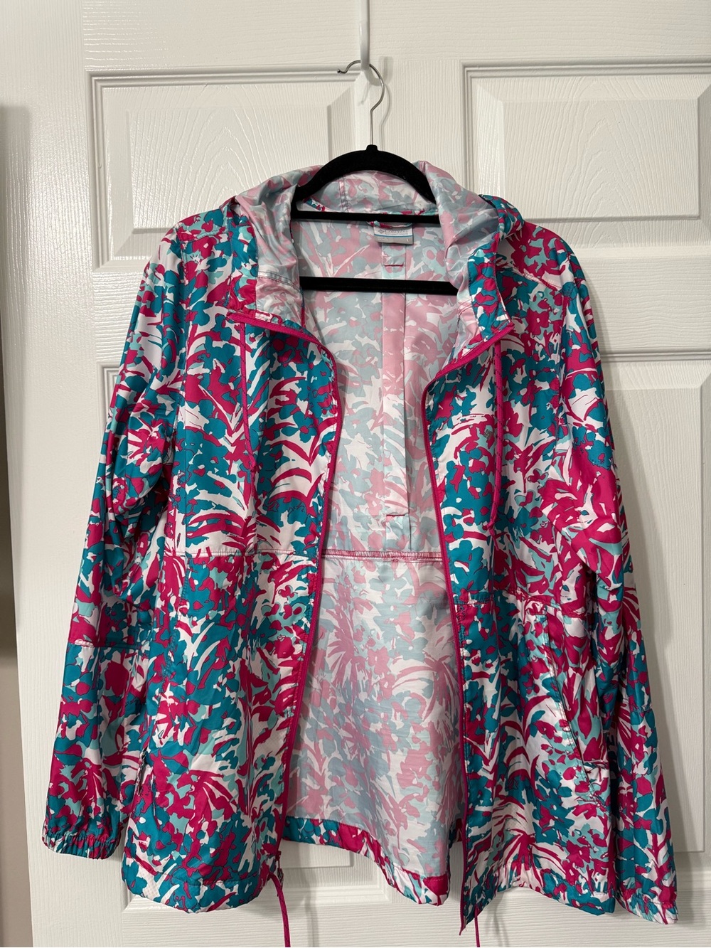 Women’s Floral Print Hooded Windbreaker Jacket - Pink/Teal